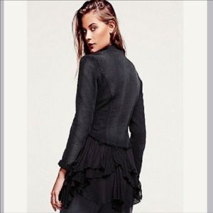 Free People Boho Military Ruffle Distressed Black Romantic Jacket